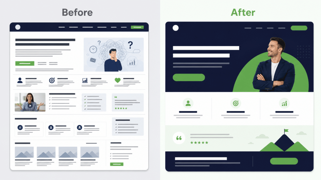 Before and after coaching website homepage — clear positioning in the first 8 seconds