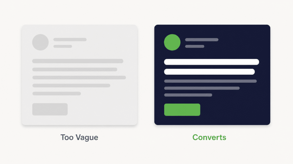 Before and after coaching homepage headline — vague vs specific homepage headline that books discovery calls