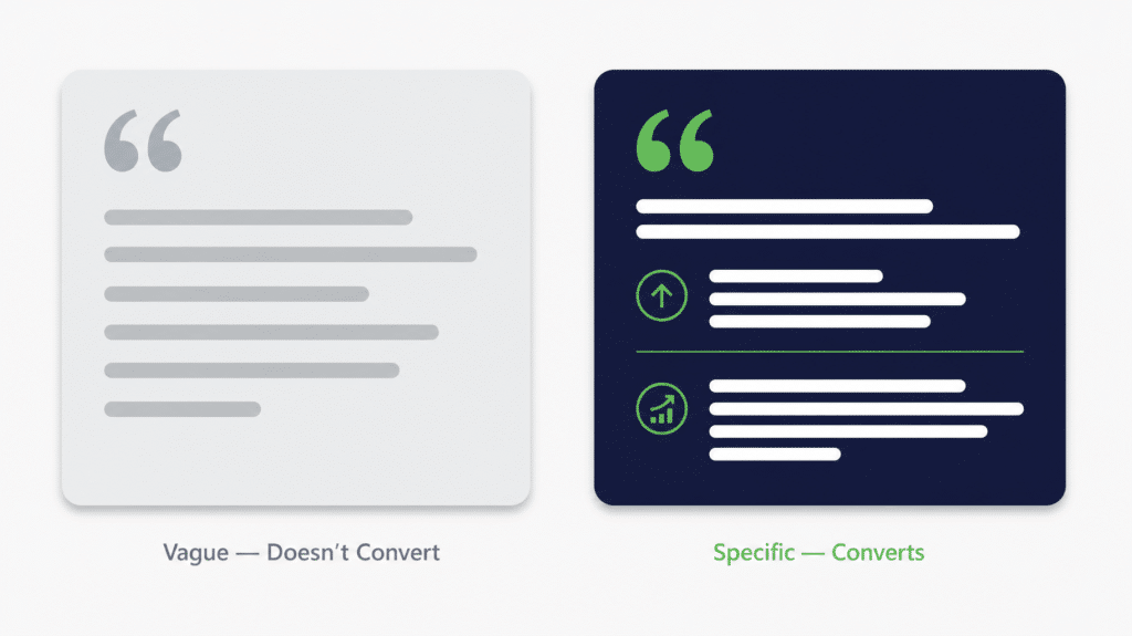Vague testimonial vs specific testimonial — coaching website testimonials that convert use before and after structure